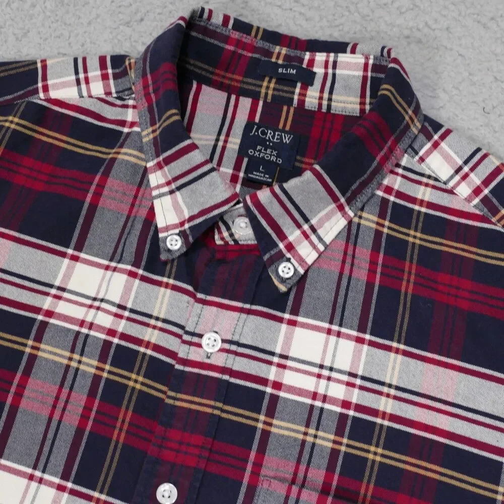 J Crew Oxford Shirt Mens Large SLIM Fit Red Navy Blue Plaid Long Sleeve